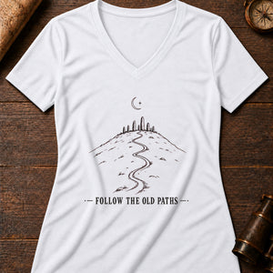 Follow The Old Paths Women's V-Neck Tee — solid white blend