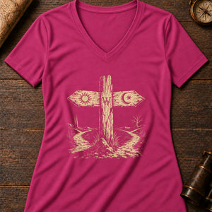 Crossroads Signpost Women's V-Neck Tee — berry