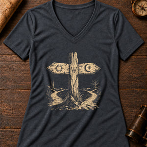 Crossroads Signpost Women's V-Neck Tee — dark grey heather
