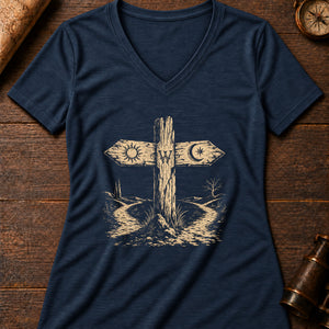 Crossroads Signpost Women's V-Neck Tee — heather navy