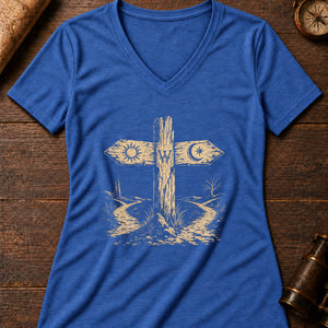 Crossroads Signpost Women's V-Neck Tee — heather true royal