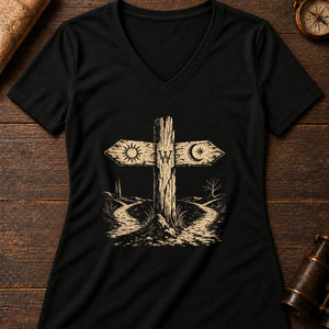 Crossroads Signpost Women's V-Neck Tee — solid black blend
