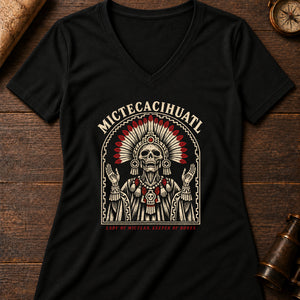 Mictecacihuatl, Lady of Mictlan Women's V-Neck Tee — solid black blend