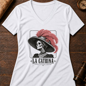 La Catrina plumed profile Women's V-Neck Tee — solid white blend