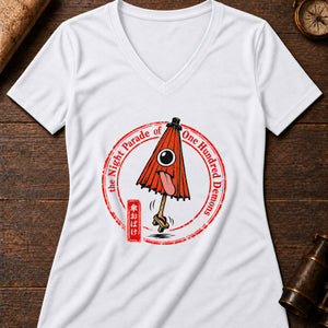 Kasa-obake Umbrella Women's V-Neck Tee — solid white blend