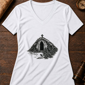 Green Knight's Chapel Women's V-Neck Tee — solid white blend
