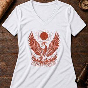 The Bennu's Renewal Women's V-Neck Tee — solid white blend