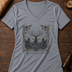 The Old Gods Keep to the Tree Line Women's V-Neck Tee — athletic heather