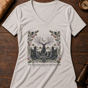 The Old Gods Keep to the Tree Line Women's V-Neck Tee — heather dust
