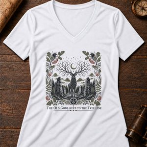 The Old Gods Keep to the Tree Line Women's V-Neck Tee — solid white blend