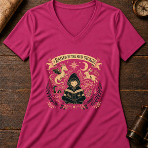 Raised on Old Stories Women's V-Neck Tee — berry