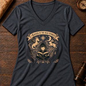 Raised on Old Stories Women's V-Neck Tee — dark grey heather