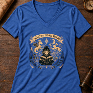 Raised on Old Stories Women's V-Neck Tee — heather true royal