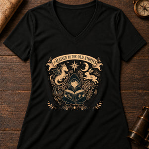 Raised on Old Stories Women's V-Neck Tee — solid black blend