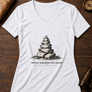 The Pass Remembers Who Crossed Women's V-Neck Tee — solid white blend