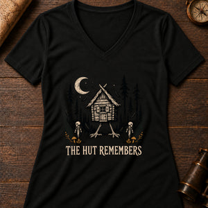 Hut in the Dark Wood Women's V-Neck Tee — solid black blend