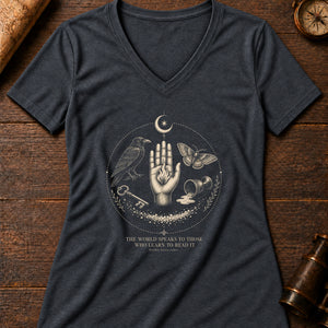 The Reader of Signs Women's V-Neck Tee — dark grey heather