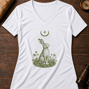 The Hare and the Moon-Sign Women's V-Neck Tee — solid white blend