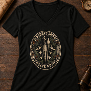 Perchta Spindle Women's V-Neck Tee — solid black blend