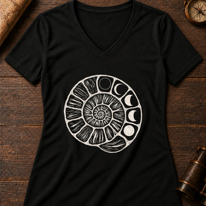 Ancient Ammonite Spiral Women's V-Neck Tee — solid black blend