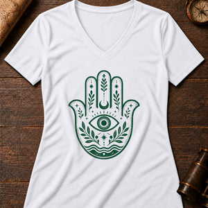 Hamsa Charm Women's V-Neck Tee — solid white blend