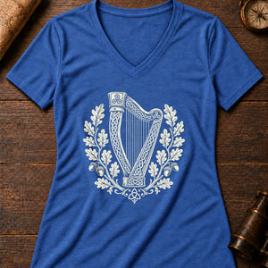 The Dagda's Harp Women's V-Neck Tee — heather true royal