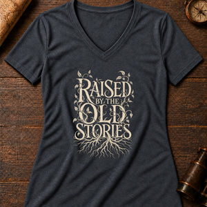 Raised by Old Stories Women's V-Neck Tee — dark grey heather