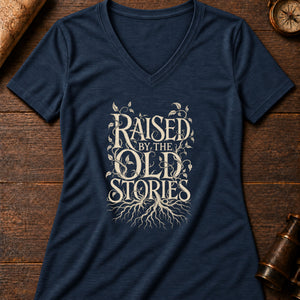 Raised by Old Stories Women's V-Neck Tee — heather navy