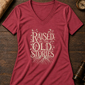 Raised by Old Stories Women's V-Neck Tee — heather red
