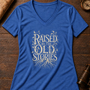 Raised by Old Stories Women's V-Neck Tee — heather true royal