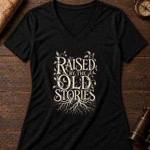 Raised by Old Stories Women's V-Neck Tee — solid black blend