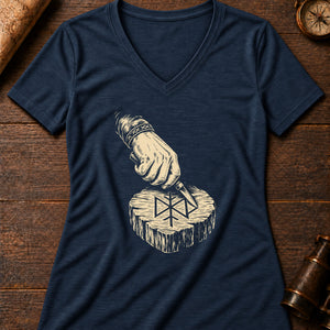 The Rune-Carver's Hand Women's V-Neck Tee — heather navy