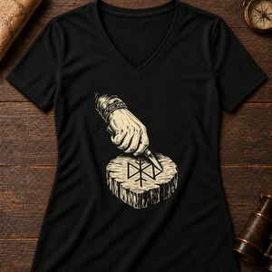 The Rune-Carver's Hand Women's V-Neck Tee — solid black blend