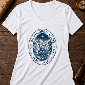 Northern Reaches Badge Women's V-Neck Tee — solid white blend