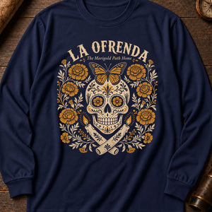 Cempasúchil Marigold Skull Long Sleeve Shirt — True Navy