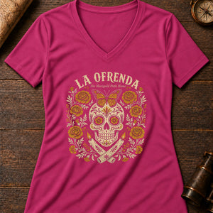 Cempasúchil Marigold Skull Women's V-Neck Tee — berry