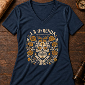 Cempasúchil Marigold Skull Women's V-Neck Tee — heather navy