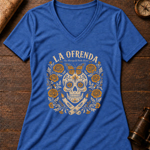 Cempasúchil Marigold Skull Women's V-Neck Tee — heather true royal