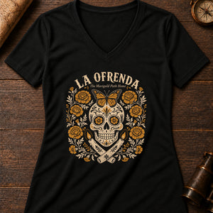 Cempasúchil Marigold Skull Women's V-Neck Tee — solid black blend