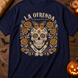Cempasúchil Marigold Skull — true navy