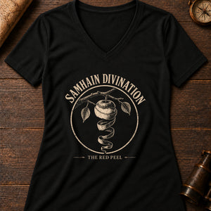 Samhain Apple Divination Women's V-Neck Tee — solid black blend