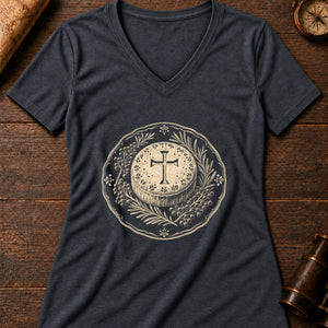Soul Cake Woodcut Women's V-Neck Tee — dark grey heather