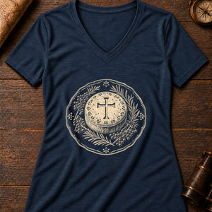 Soul Cake Woodcut Women's V-Neck Tee — heather navy