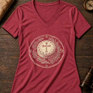 Soul Cake Woodcut Women's V-Neck Tee — heather red
