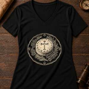 Soul Cake Woodcut Women's V-Neck Tee — solid black blend