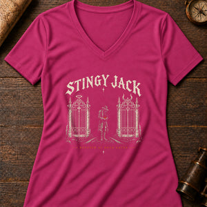Stingy Jack's Ember Women's V-Neck Tee — berry